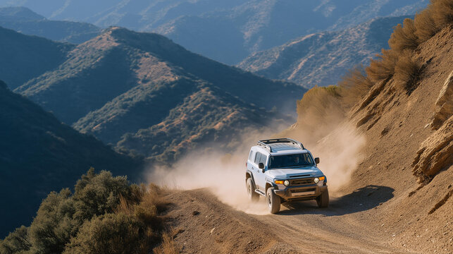 A rugged SUV kicking up dirt as its deep-tread tires grip a mountain trail, dust clouds swirling behind — off-road adventure, high-traction tires, and outdoor automotive lifestyle. cinematic color
