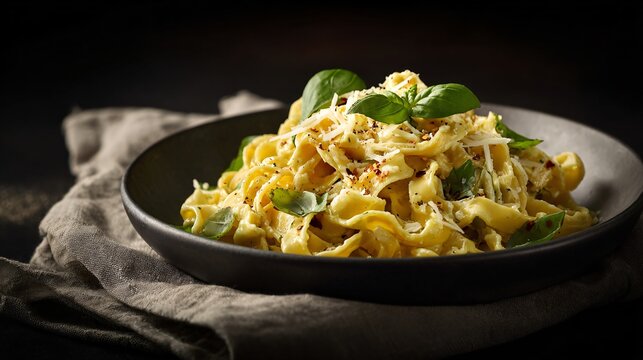 A creamy pasta dish served on linen cloth, dark moody light