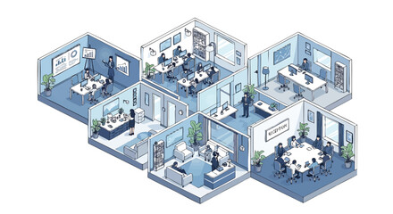 Isometric office space layout showcasing collaboration teamwork and modern workspace design