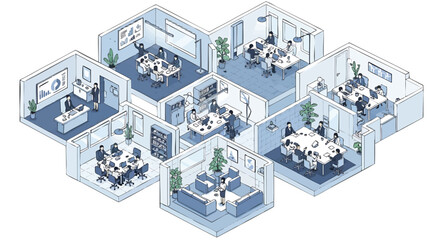 Isometric Office Space Layout with Meeting Rooms and Workstations Illustration