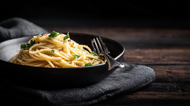 A pasta served on dark wooden surface, fork and napkin minimalism