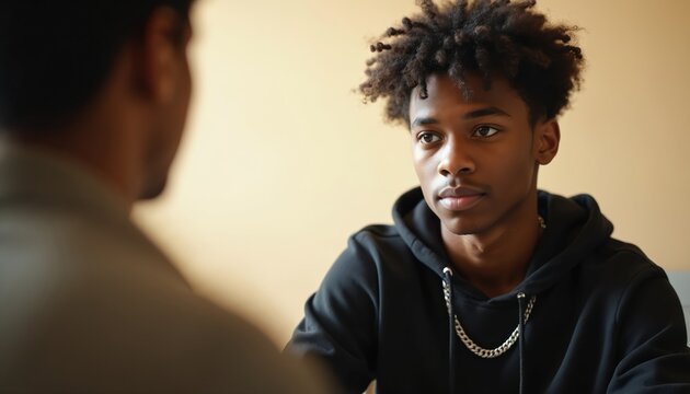 Youth attends counseling. Teen communicates with counselor. African american man listens carefully at therapy session. Mentoring program. Diversion helps young man in community. Youth development