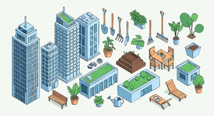 Isometric urban garden design elements with rooftop greening and gardening tools