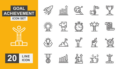Goal achievement icon set. Success, growth, progress, strategy, target and more line icon.