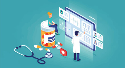 Modern healthcare scene with doctor reviewing patient data on tablet