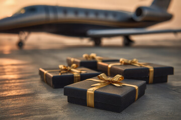 Luxury black gift boxes with golden ribbons placed on tarmac near a private jet during sunset symbolizing elegance and exclusive travel experiences