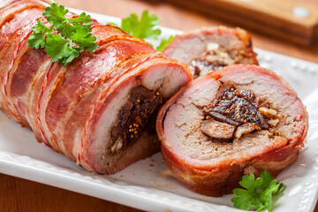 Delicious meat dish wrapped in bacon served on a white plate with fresh herbs