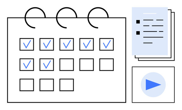 Calendar with check marks, task list, and media file promotes time management, goal tracking, and organization. Ideal for productivity, scheduling, planning, task management reminders workflow