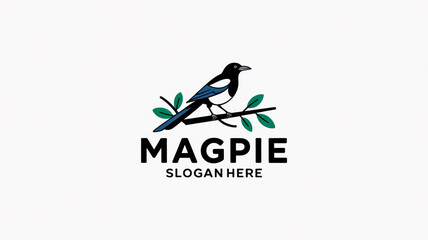 A minimalist logo design featuring a black magpie bird perched on a horizontal branch
