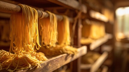 A rustic handmade pasta drying on rack, soft golden tones