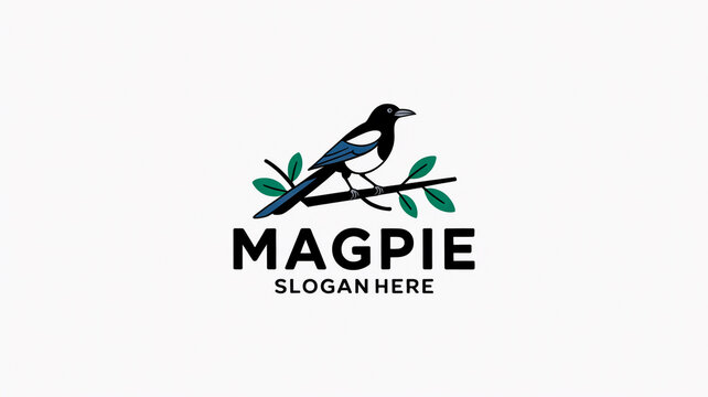 A minimalist logo design featuring a black magpie bird perched on a horizontal branch