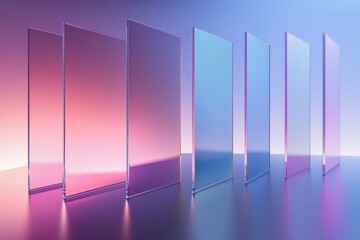 Row of glass panels set against a blue and pink gradient background
