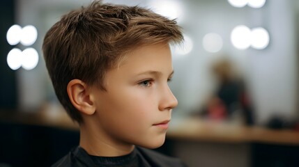 Close up profile of a young boy getting a modern haircut and hairstyle in a bright clean salon with bokeh lights