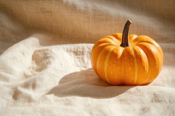 A Vibrant and EyeCatching Pumpkin Set Against Soft Fabrics Bathed in Warm, Inviting Light