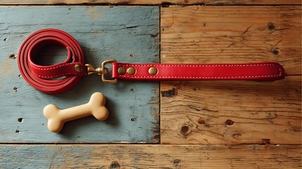 Overhead shot of a red dog leash and boneshaped treat on a rustic wooden surface, showcasing pet accessories and a playful canine theme with a vintage touch