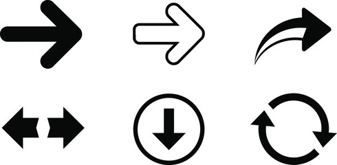 Set of six different arrow icons in black