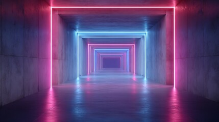 A futuristic tunnel illuminated by pink and blue neon lights
