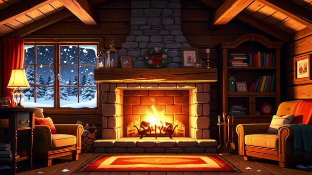 Cozy cabin interior scene with a fireplace burning and snow falling outside the window, for holiday cards
