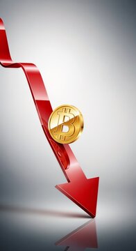 Cryptocurrency Bitcoin symbol with downward trend arrow in red  