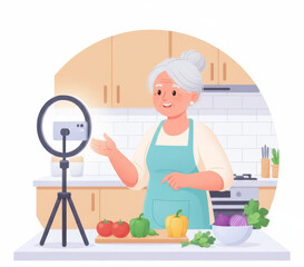 Elderly woman chef recording a cooking tutorial video with a smartphone and ring light in her kitchen.