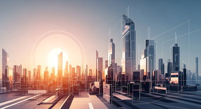 Futuristic Cityscape at Sunrise - A Vision of Tomorrows Urban Life.