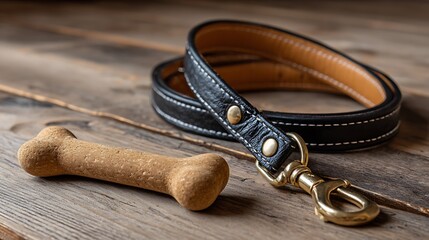 Closeup of a black leather dog leash and boneshaped treat on a wooden surface, highlighting pet accessories and a canine theme with a rustic backdrop