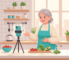Elderly woman chef recording a cooking tutorial video with a smartphone and ring light in her kitchen.
