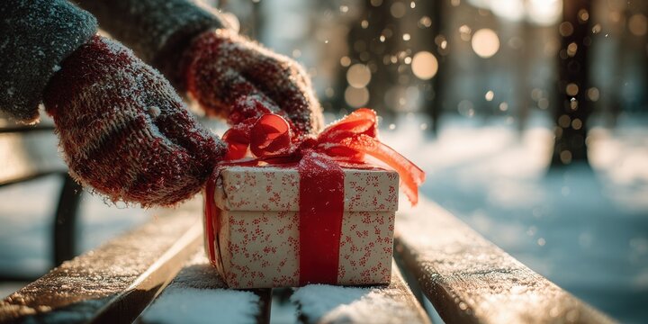 Gloved hands tying a red ribbon on a wrapped gift outdoors on a snow-covered bench. A simple and heartfelt winter moment.