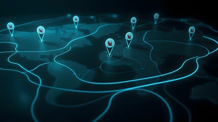 Global network connection points with destination pins on futuristic glowing map, planning international business travel and logistics, dynamic global reach