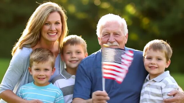 Family in outdoor setting, waving small American flag, with a green blurred background, usable for patriotic ads