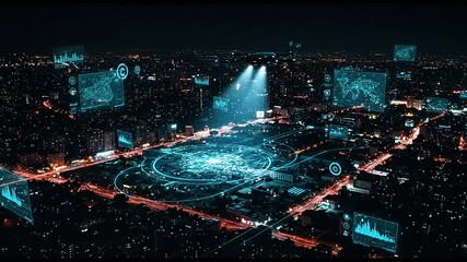 Futuristic cityscape with digital overlays at night - Powered by Adobe