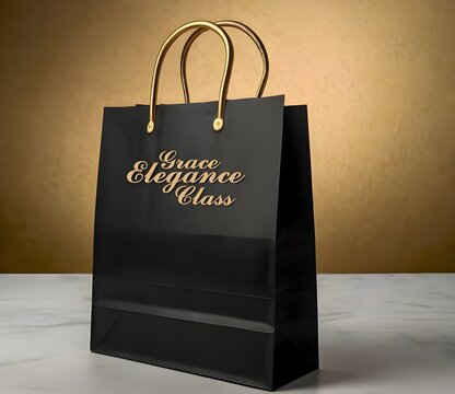 Luxury Black Shopping Bag with Gold Handles and Elegant Script Logo for Premium Brand Packaging.
black shopping bag.