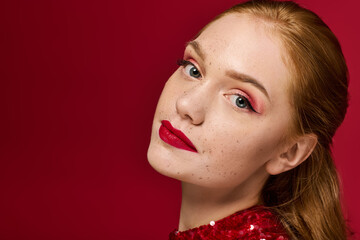 Captivating beauty of a young woman with striking features against a vibrant backdrop