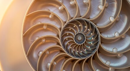 Intricate Nautilus Shell Section Displaying Fibonacci Sequence and Golden Ratio.
