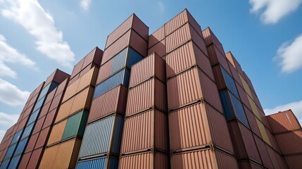 Dynamic freight containers stacked high against a sunny sky, showcasing global trade and industrial logistics for supply chain solutions and shipping innovation