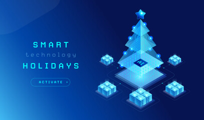 Christmas AI Technology Greeting Card - Digital Christmas tree with AI chip connected to servers that resemble Christmas presents. Text Smart Holidays and button Activate - creative idea vector