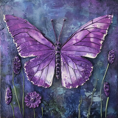 Intricate textured purple butterfly art with lavender flowers against a moody blue background
