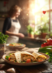 Warm sunlight illuminates a delicious homemade chicken wrap ready to be enjoyed in a cozy kitchen setting.