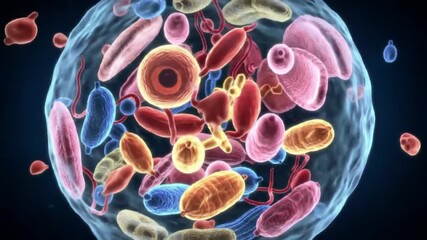 Microscopic view of various cells floating in a biological environment, for educational or medical use - Powered by Adobe