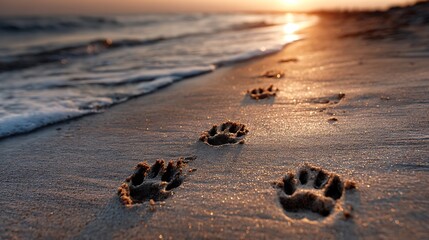 Dog paw prints lead along the sandy beach towards the ocean at sunset, creating a serene and peaceful scene of natures beauty and companionship