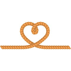 Heart shaped knot made from thick brown rope on a white background with a simple clean design and no defects
