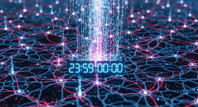 A vast, interconnected neural network celebrating a successful computational cycle as the digital clock strikes 00:00