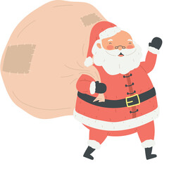 Jolly Santa Claus Wearing Red Suit and Hat Carrying Large Sack Full of Gifts on Transparent Background