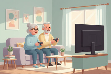 Cartoon illustration of a happy elderly couple sitting on a sofa and playing video games with controllers in their living room.