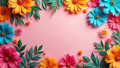 Fototapeta premium Bright floral art on pink backdrop. Vivid flower illustration provides cheerful spring summer mood. Colorful blooms arranged for festive decorative design background.