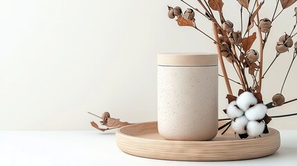 A speckled ceramic jar with a wooden lid sits on a round wooden tray next to dried branches and cotton.