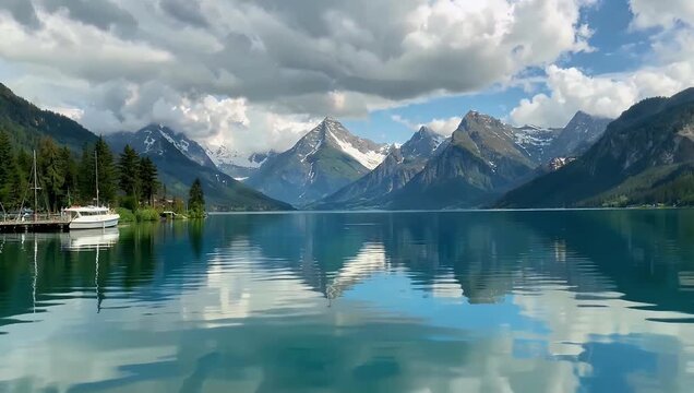 tranquil 4K composition portraying Lake Brienz surrounding Swiss Alps soft cloudy sky August 29 2026 creating calm atmospheric natural scene ideal peaceful visual storytelling