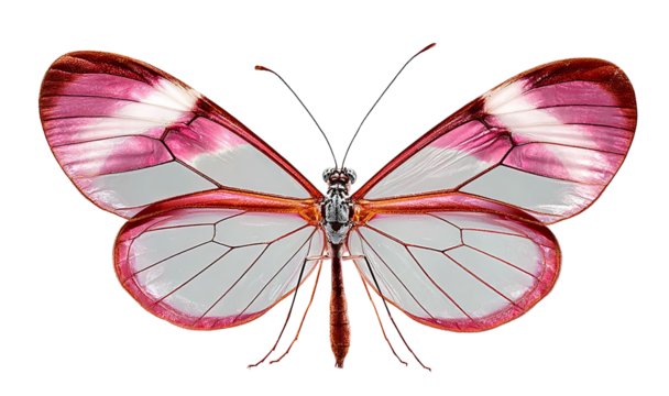 Glasswing Butterfly with Pink Wing Edges isolated on a transparent background