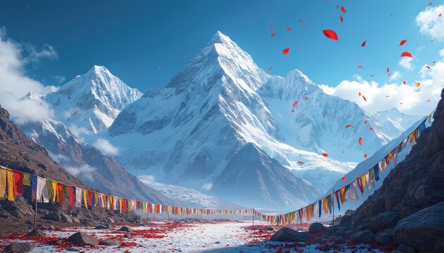 Snowy mountain peaks under bright blue sky. Colorful prayer flags flutter in wind. Red petals fall on rocky ground, marking sacred Himalayan landscape. Majestic Everest ascent.