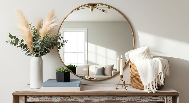 Stylish home decor featuring a round mirror, pampas grass in a vase, and a cozy blanket, creating a warm and inviting atmosphere on a rustic wooden table - Powered by Adobe